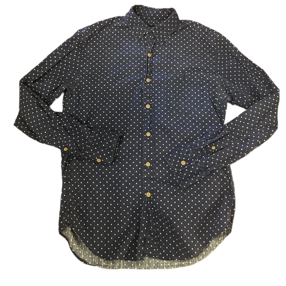 j crew womens button down shirt small Navy Blue Square Pixelated Dots Blouse.